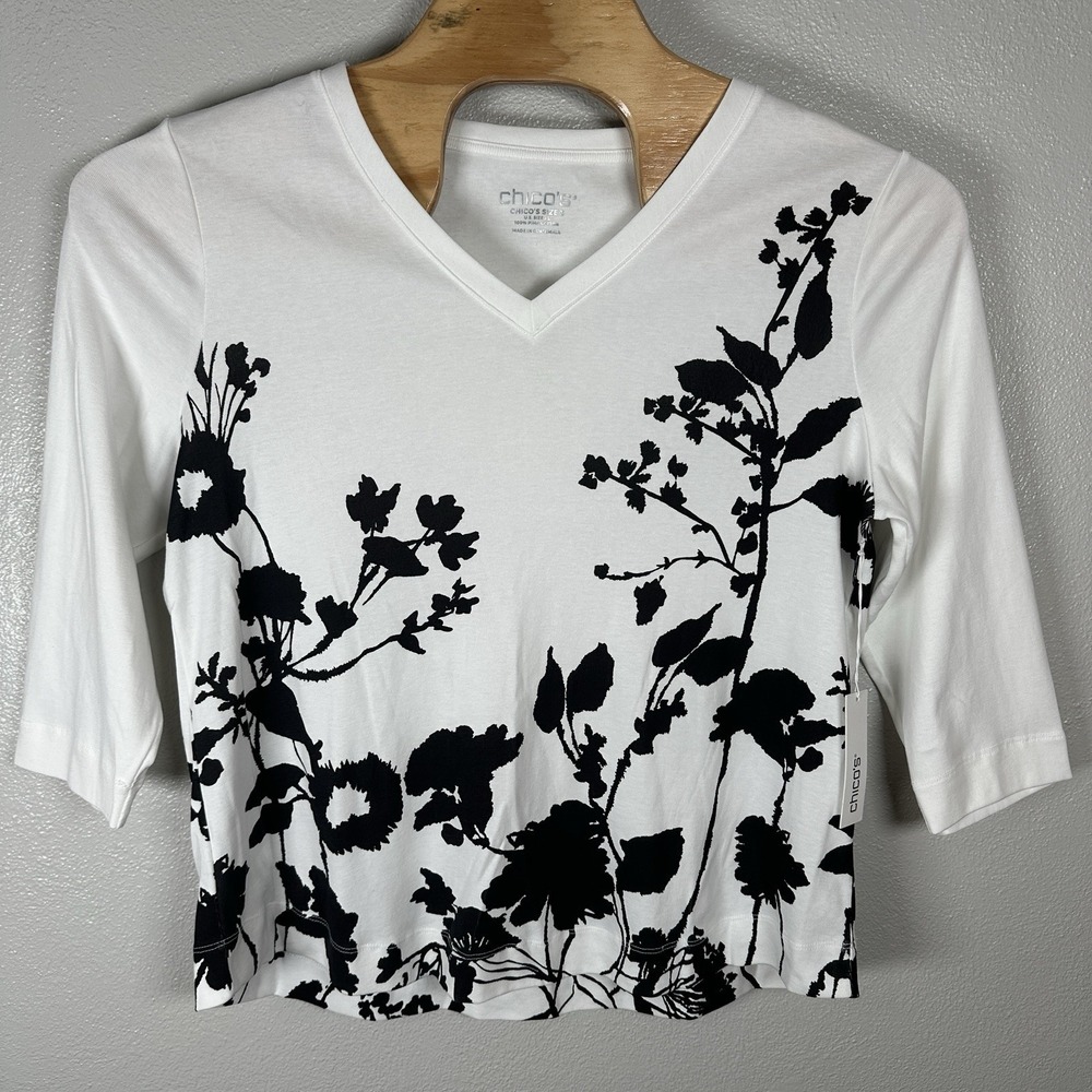 Chicos Pima Cotton Vines Everyday 3/4 Sleeve VNeck Tee 3/XL White Black Floral